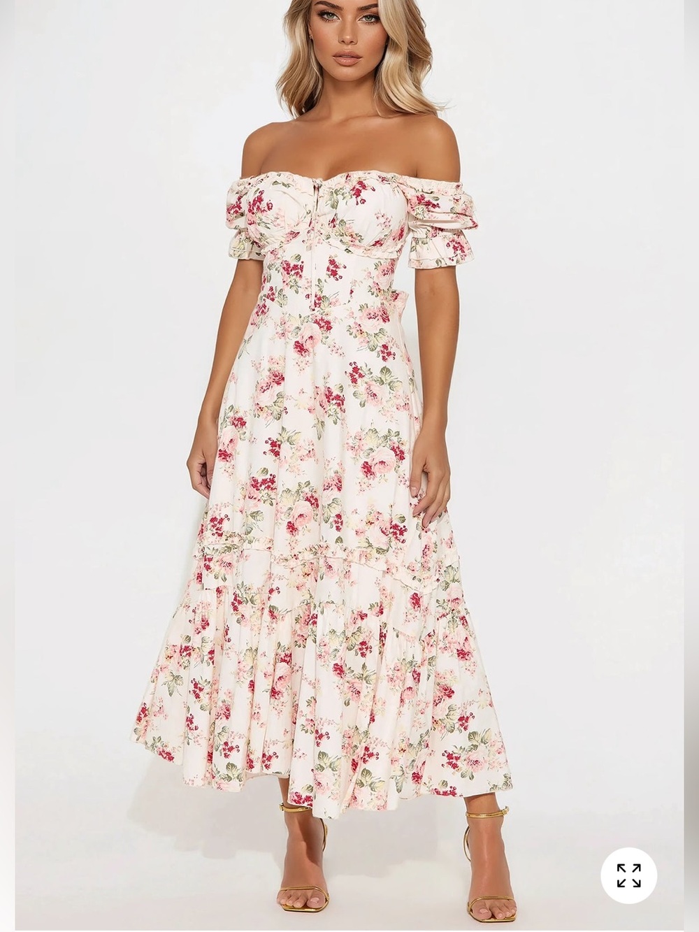 Fashion Nova Off-Shoulder Cream Maxi Dress with Pink Floral Print